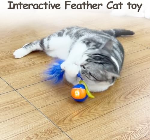 Migipaws 2-in-1 Interactive Cat Toy Ball – Paw Friendly Kicking Chasing Ball with Bonus Fluffy Tail for Indoor Cats Random Rolling Auto Escape Corners Tangle-Free Quiet USB Rechargeable (Blue)