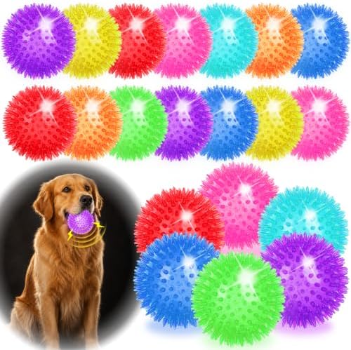 16 Pcs 3.5 In Light Up Squeaky Dog Balls 8 Colors LED Spiky Dog Toy Ball Glow in The Dark Interactive Fetch Ball TPR Bouncy Floating Toy for Aggressive Chewers Small Medium Large Dogs Indoor Outdoor