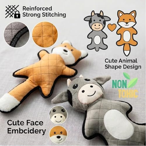 PetLike Tough & Durable Plush Dog Toy Set - 2 Pack - Interactive Animal Chew Toys for Puppies & Dogs, Perfect for Teething, Fetch & Cuddly Playtime (Grey Cow+Orange Fox)