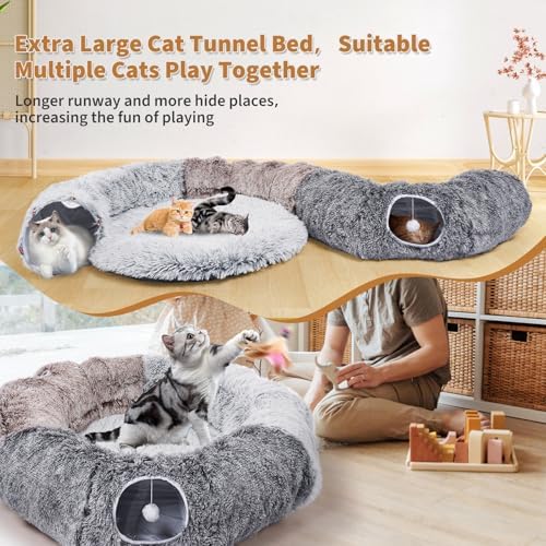 Large Cats Tunnels for Indoor Cats Fluffy Warm Cat Bed and Detachable Cave Tunnels with 20 Pet Toys, Donut Tunnel and Variety Kitten Toy Set for Playing