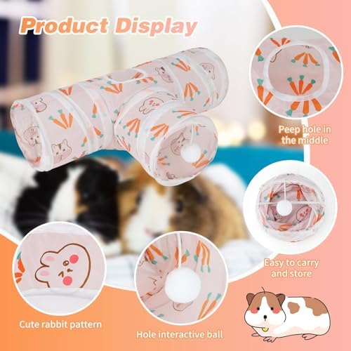 Rypet Guinea Pig Tunnel Hideout 3-Way Collapsible Pet Tubes, Carrot White