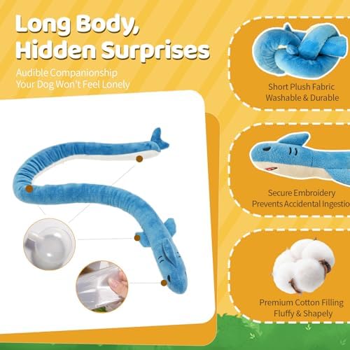 Puffluv Long Squeaky Dog Toys,Soft Crinkle Chew Plush Animal Shape to Reduce Boredom Keep Doggie Busy,Cute Pet Interactive for Puppies &Adult Dog-Shark