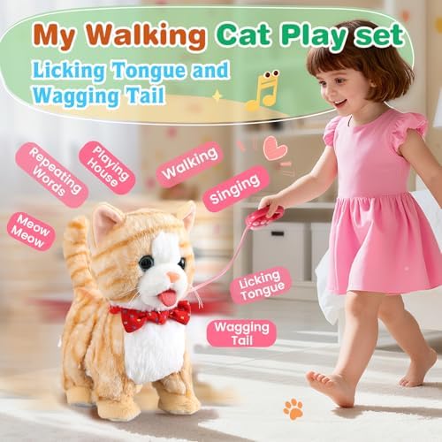 Yellow Walking Cat for Girls Set Toy Talking Singing Animated Robot Kitty Interactive Plush for Cat for Kids Kitten Robotic Plush That Meow and Purrs Electric Robot for Toddlers Baby