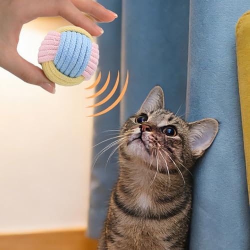 Cat Toys Balls with Bell Inside, 2-Inch Soft Interactive Chew Toys for Indoor Cats & Kittens, Colorful Rope Balls with Crinkle Sound for Chasing Play and Dental Health, 3 Pcs