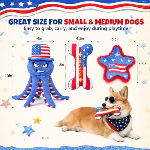 Patriotic 4th of July Dog Toys, 3-Pack Squeaky Crinkle Plush Set