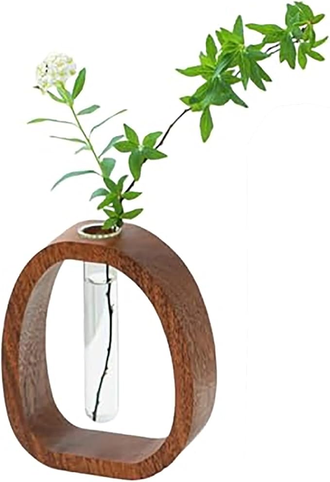 Walnut Wood Glass Flower Vase with Test Tubes | Modern Hydroponic Planter for Fresh Cut Flowers | Handcrafted Tabletop Decor for Home, Office, Farmhouse Style (Large)