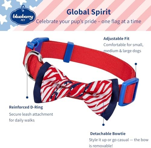 Blueberry Pet 2 Patterns Patriotic Spirits American Flag USA Adjustable Bowtie Red Dog Collar - Handmade Bow Tie w/Jacquard Weave Fabric, Medium, Neck 14.5"-20"