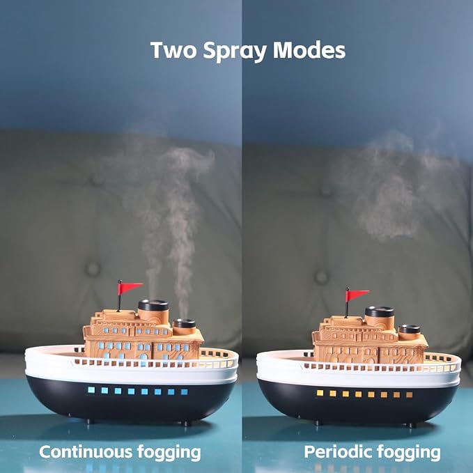 Wood-Look Cartoon Boat Ornament Oil Diffusers with 300ml Capacity for Large Rooms, Auto Shut-Off Dual-Hole Spraying Mist & 8-Hour Aromatherapy Humidifier, Type-C Port Connection for Bedroom Office