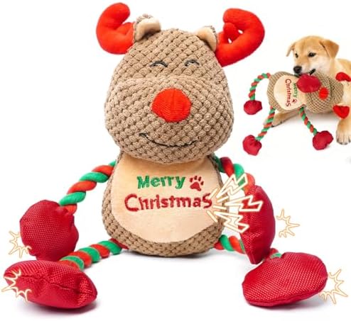 EXPAWLORER Christmas Dog Squeaky Toys - Interactive Reindeer Stuffed Plush Dog Toy with Squeakers Crinkle Paper, Chew Rope Toys for Puppy Small Medium Large Dogs