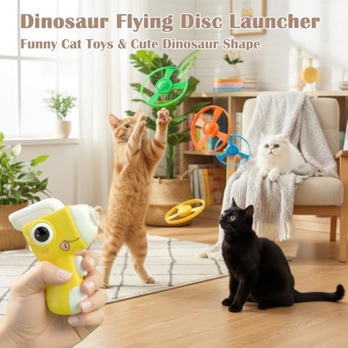 Interactive Cat Toy for Indoor Cats - Cat Fetch Toy Launcher with 8 Colorful Flying Discs, One-Press Exercise Toy for Chasing & Hunting, Fun Kitten Toy for Adult Cats, Yellow
