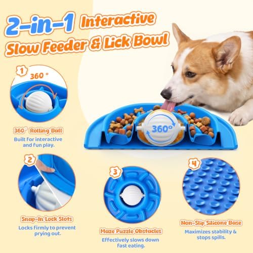 2-in-1 Slow Feeder Dog Bowl with Rolling Ball, Interactive Lick Bowl Toy for Dogs & Cats, Anti-Gulp Maze Feeder with Suction Base for Wet Food, Bone Broth & Treats, Anxiety Relief Enrichment Toy-Blue