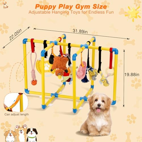 Upgraded Puppy Play Gym with 9 Hanging Toys, Reinforced Frame & Strong Suction Cups–Removable Dog Enrichment Playground, Indoor Jungle Gym & Activity Center for Small Dogs with Squeaky& Teething Toys