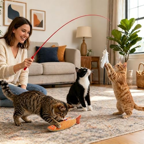 12PCS Interactive Cat Wand Toy Set, 2PCS Retractable Cat Teaser with 10 Replacement Refills (Feathers, Worms, Fish, Extra String), Extendable Cat Fishing Pole for Indoor Cats Exercise & Play
