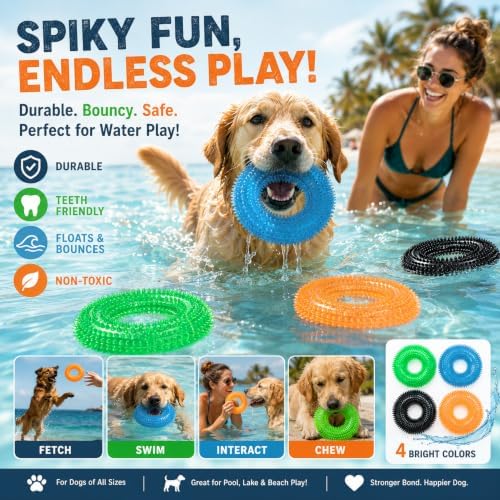 Dog Chew Toys for Aggressive Chewers, Squeaky Floating Donut Rings, 4 Pack