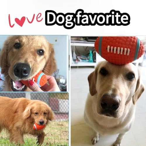 Squeaky Chew Dog Toys Interactive Sports Balls with Squeaker Soft Latex Rubber Bouncy Fetch Ball Toy (Soccer, Volleyball, Football, Tennis) for Puppy & Dog (Football,Small)