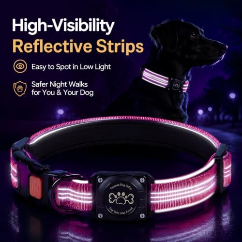 Geamen Dog Collar for Airtag Waterproof QR Code Reflective Collar HotPink,M | Built-in Waterproof Holder, QR Code Tag, Reflective,Secure Buckle