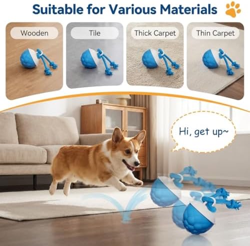 Interactive Dog Toys for Boredom-Automatic Rolling Ball with Ropes,Touch Activated Bouncing Jumping Dog Ball for Large/Medium/Small Dogs,Rechargeable Rolling Chasing Toy for Indoor Outdoor Play(Blue)