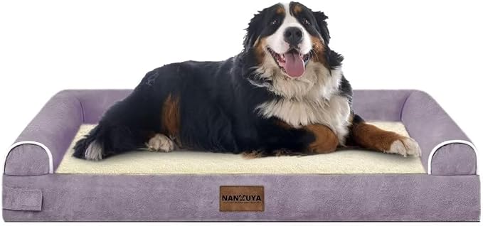 Orthopedic Dog Bed for Jumbo Dogs, 53 x 42 Inch, Purple | Egg crate foam for joint support, 3-sided bolster pet sofa, waterproof lining, washable cover, and non-skid base