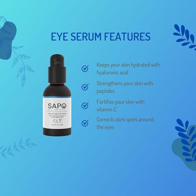 Sapo All Natural Eye Serum for Dark Circles and Puffiness - Peptide Eye Gel with Hyaluronic Acid, Vitamin C and Chamomile, 1 oz