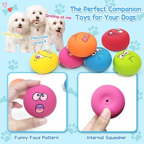 Dog Squeaky Toys Balls for Teething Puppies, Small, Medium Dogs, Latex Smiley Face Bouncy Cute Face Pet Dog Toys 6 Pcs/Set