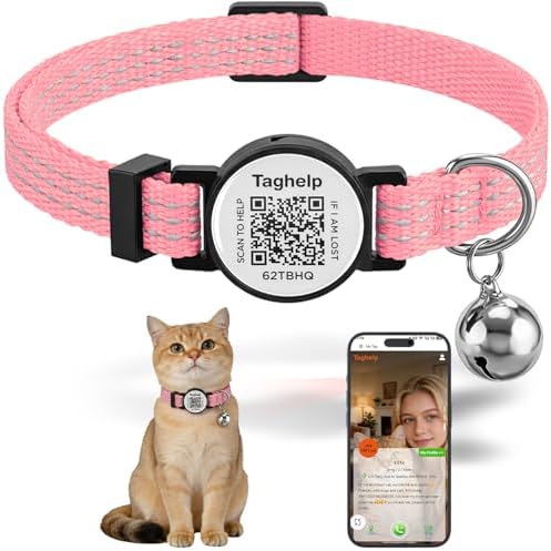 Reflective Cat Collar Personalized with Name ID Tag and Bell. QR Code Name Tag, Cat Smart ID Tag Breakaway.Ultra-Durable, Adjustable, Quick Release, Fits Most Cats (Pink)