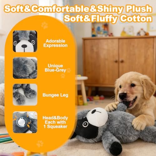 12.01 Inch Blue Grey Raccoon Squeaky Dog Toy, Plush Chew Toy with Bungee Legs for Puppy Teething, Indoor Outdoor Interactive Toy for All Dog Sizes