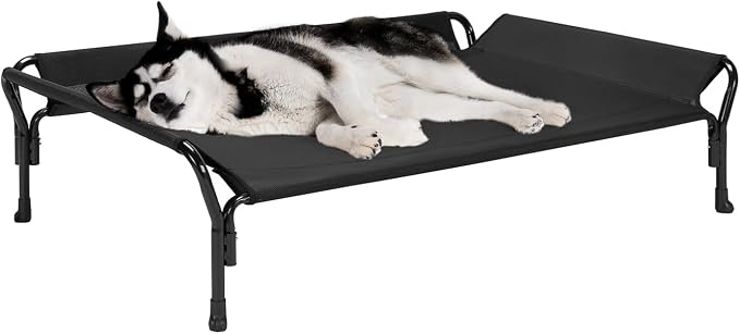 Veehoo Cooling Elevated Dog Bed, Raised Dog Cot with Guardrail & Headrest | Washable Dog Couch Bed for Indoor & Outdoor, Durable Breathable Teslin Mesh, Non-Slip Feet, Large 47" x 32", Black