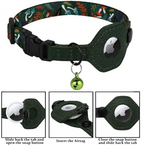 Breakaway Cat Collar with Leather AirTag Holder & Bell - Apple Air Tag Cat Collars for Girls & Boys, Lightweight Anti-Lost GPS Tracker Design, Printed Pattern - Safety and Adjustable (Mushroom)