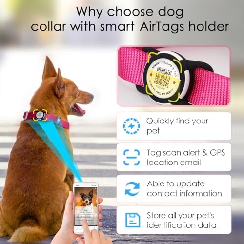 ADVENTUREMORE Airtag Dog Collar with Smart ID QR Code Airtags Holder: Prevents Dogs from Getting Lost at Night, Displays Owner and Pet Details. Waterproof, Durable, Adjustable, Thick-Rose-Large