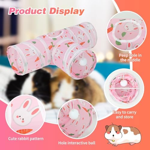 Rypet Guinea Pig Tunnel Hideout 3-Way Collapsible Pet Tubes, Carrot Pink