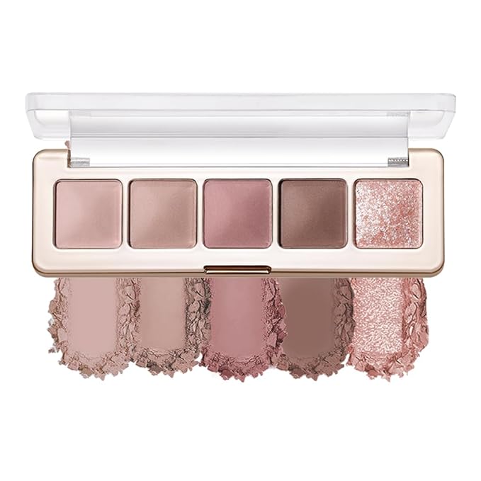5-Color Neutral Nude Matte & Shimmer Eyeshadow Palette, Rose Cocoa Brown Pink Cool-Tone Mattes & Glitter Eye Shadow Contour Palette for Mature Women, Blue Green Eyes, Daily Natural Makeup