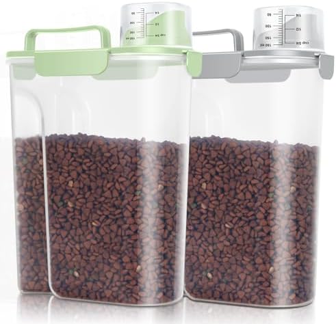 TBMax Pet Dog Cat Food Storage Containers 2 Pack 10 to 14 Lbs, Airtight Cat Food Dispenser with Large Spout & Portable Handle, Travel Dog Treat Storage Bin Bird Seed Container -Light Green/Light Grey