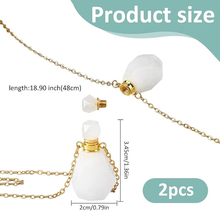 SUPERFINDINGS 2Pcs Perfume Bottle Necklace Essential Oil Diffuser Necklace Natural Crystal Perfume Bottle Pendant with 304 Stainless Steel Chain Gemstone Vial Pendant for Woman Men