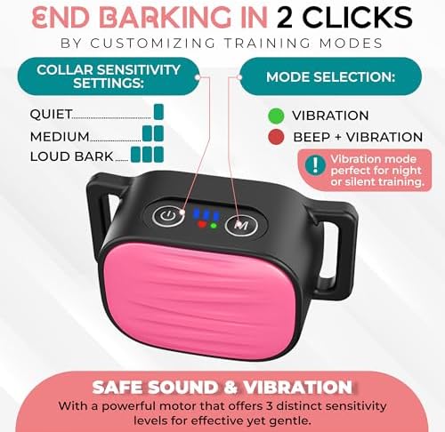Bark Collar for Small/Medium Dogs, No Shock Anti Bark Collar, Rechargeable Anti Barking Collar w/2 Vibration & Beep Modes, Waterproof Shockless Smart Dog Stop Barking Control Device (Pink)