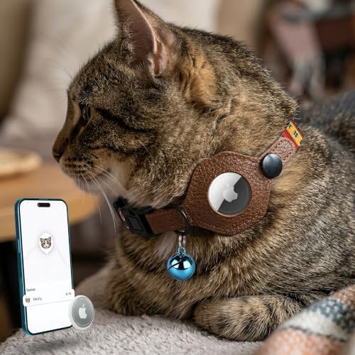 Breakaway Cat Collar with Leather AirTag Holder & Bell - Apple Air Tag Cat Collars for Girls & Boys, Lightweight Anti-Lost GPS Tracker Design, Printed Pattern - Safety and Adjustable (Western)
