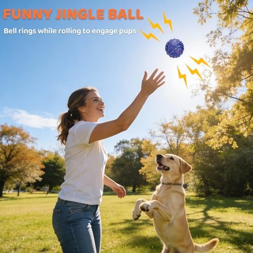 Dog Balls with Bell, Indestructible Dog Toy Ball for Aggressive Chewers, Durable High Elasticity Interactive Ball for Training Dog Catch and Fetch, Large Medium Small Dog (3in, Blue)