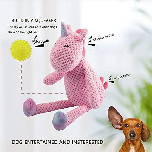 GOOLA Squeaky Dog Toys - Durable Plush Toys with Squeaker & Crinkle Paper,Pink Unicorn Themed Pack for Puppy to Large Dogs