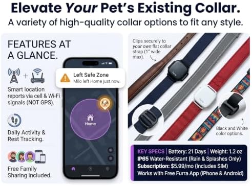 Smart GPS Pet Tracker for Cats & Dogs – Real-Time Location Tracking Collar Tag, Escape Alerts, Activity & Sleep Health Monitor, 3-Week Battery, Water-Resistant (White)