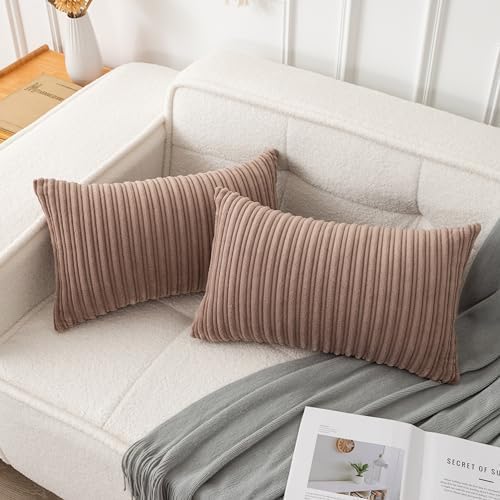 UGASA 14x24 Inch Pillow Cover Pack of 1 Soft Boho Stripe Corduroy Long Rectangle Lumbar Cushion Case Farmhouse Decorative Throw Pilowcase for Bed, Couch, Sofa, Bedroom, Living Room, Light Brown