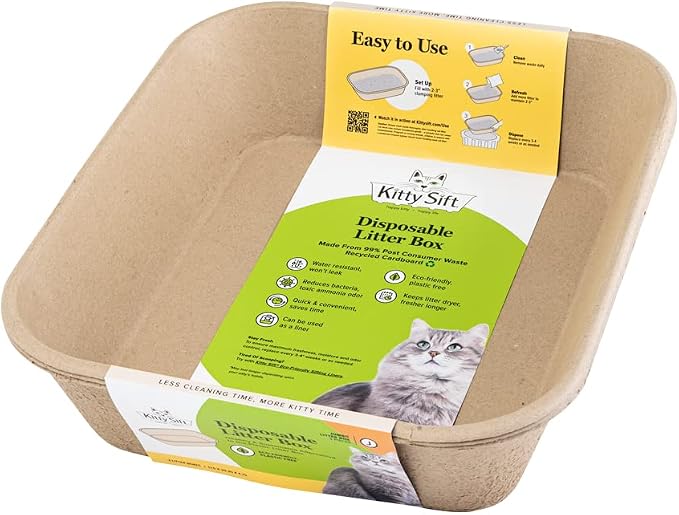 Kitty Sift Disposable Cat Litter Box Jumbo, 6 Count, Durable and Portable for Travel and Home, Eco-Friendly Disposable Litter Box Controls Odor