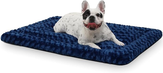 Exsnugy Washable Dog Bed Mat Medium Size Fluffy Pet Crate Pad 36x23 | Non-Slip Bottom Kennel Beds Ultra Soft Comfy Sleeping Mattress for Large Medium Small Dogs Blue