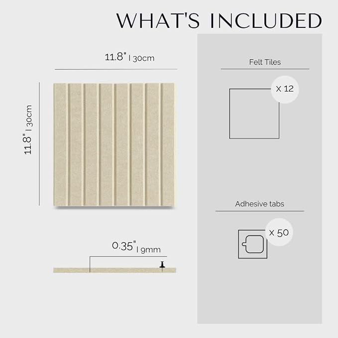 Felt Bulletin Board Tiles 48"x36" - 12-Pack Cork Board Alternative, OEKO-TEX Certified, NRC 0.95 Acoustic Felt Wall Panels, Damage-Free Adhesive, Slatted Design Home Office & Classroom (Opera)