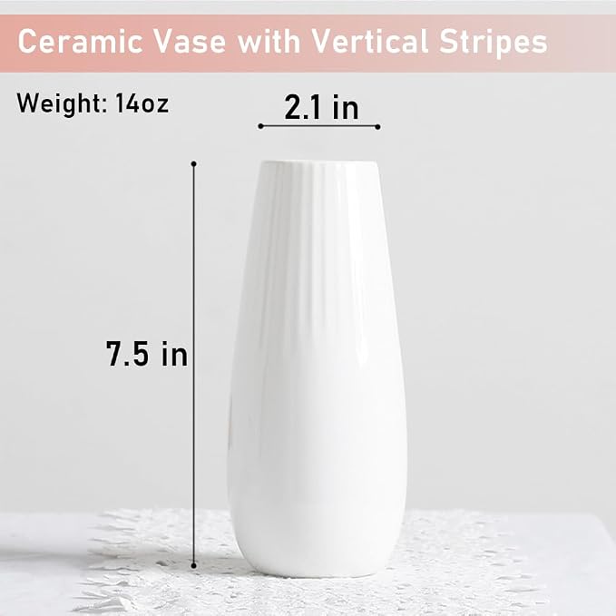 White Ceramic Vase, 7.5 Inch Flower Vase with Vertical Stripes for Pampas Calla Lily Tulip, Minimalism Modern Style for Housewarming, Weddings, Birthday, Christmas, Thanksgiving, New Year