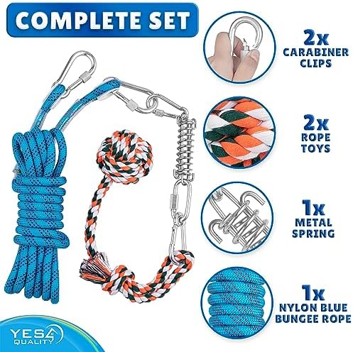 YES4QUALITY Dog Outdoor Bungee Hanging Toy, Blue Interactive Tree Tug Toy Rope w/Metal Spring Kit & 2 Rope Toys, Heavy-Duty Exercise Equipment for Medium & Large Dogs, Tether Tug of War Dog Toys
