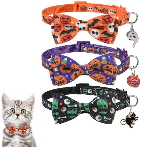 KOOLTAIL Halloween Cat Collar Breakaway with Bowtie and Bells, 3 Pack Cute Kitten Collars, Adjustable Safety Buckle Pumpkin Ghost Charm Pendant Pet Collars for Kitty Boys Girls Cats Holiday Orange