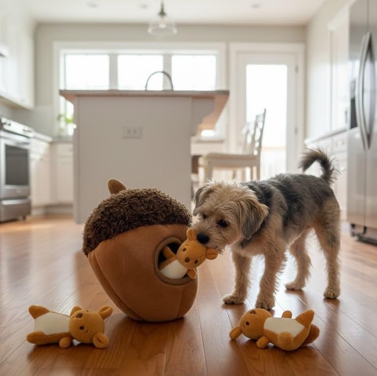 MODERN WAVE - Interactive Squeaky Plush Hide and Seek Squirrel Type Puzzle Toy for Dogs, Medium Size (Acorn and Squirrels)