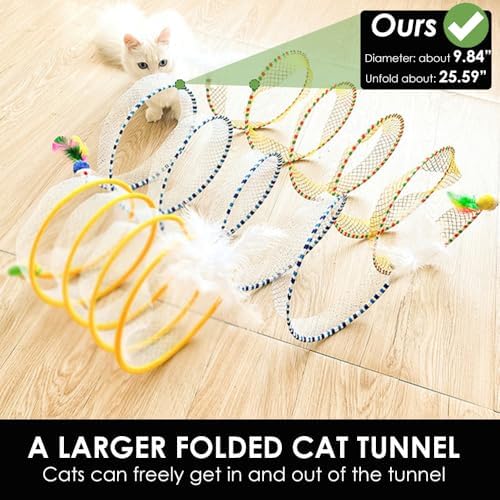 Spiral Tunnel Cat Toy, 25.59 Inches Unfolded with Cat Wand Self Play Collapsible, Hunting Spiral Tunnel with Feather Mouse Toys and Bell for Indoor Kitten Play Chase Exercise (Blue)