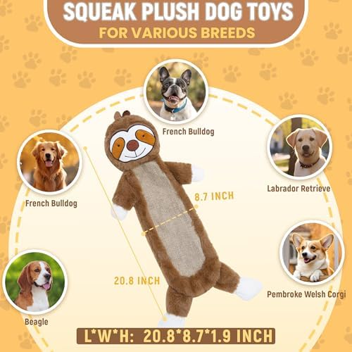 Squeaky Dog Toys for Small & Medium Breeds, Soft No Stuffing Interactive Puppy Teething Chewing Toy with Crinkle Paper, Best Birthday, Christmas, Halloween, Easter Gift, Flat Sloth