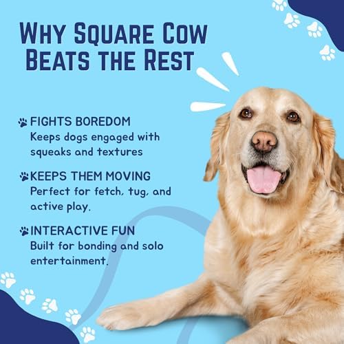 Happy Tails Square Cow Dog Toy - Medium to Large Dogs, Durable Polyester, Squeaky Sound, Reinforced Stitching, Fun & Interactive Pet Playtime