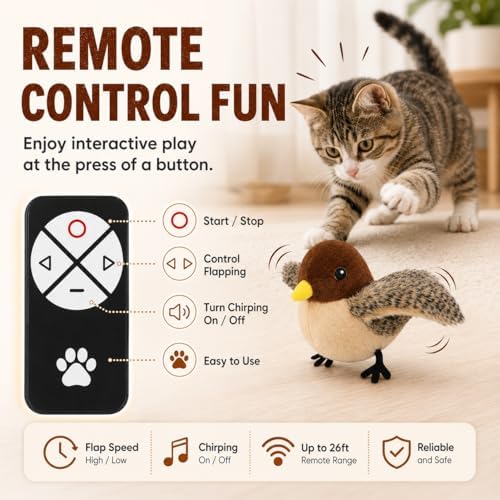 Flying Bird Cat Toy (Not a Flying Bird) – Interactive Flappy Bird Toy for Indoor Cats, USB Rechargeable with Real Feathers, Chirping Sounds & Remote Control
